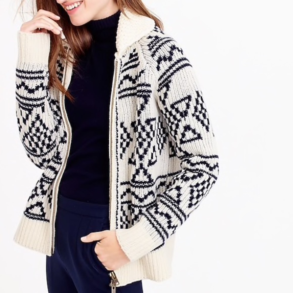 J. Crew Abstract Fair Isle Zip Cardigan Sweater